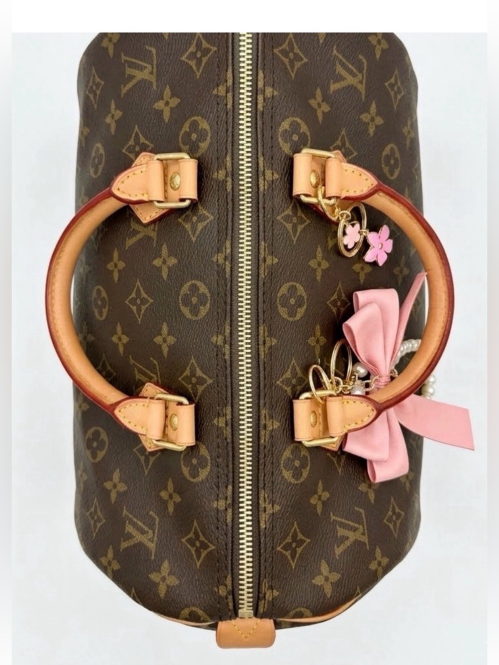 Louis Vuitton Speedy 30 Brown Monogram Satchel with Pink Bow Charm - Picture 6 of 11